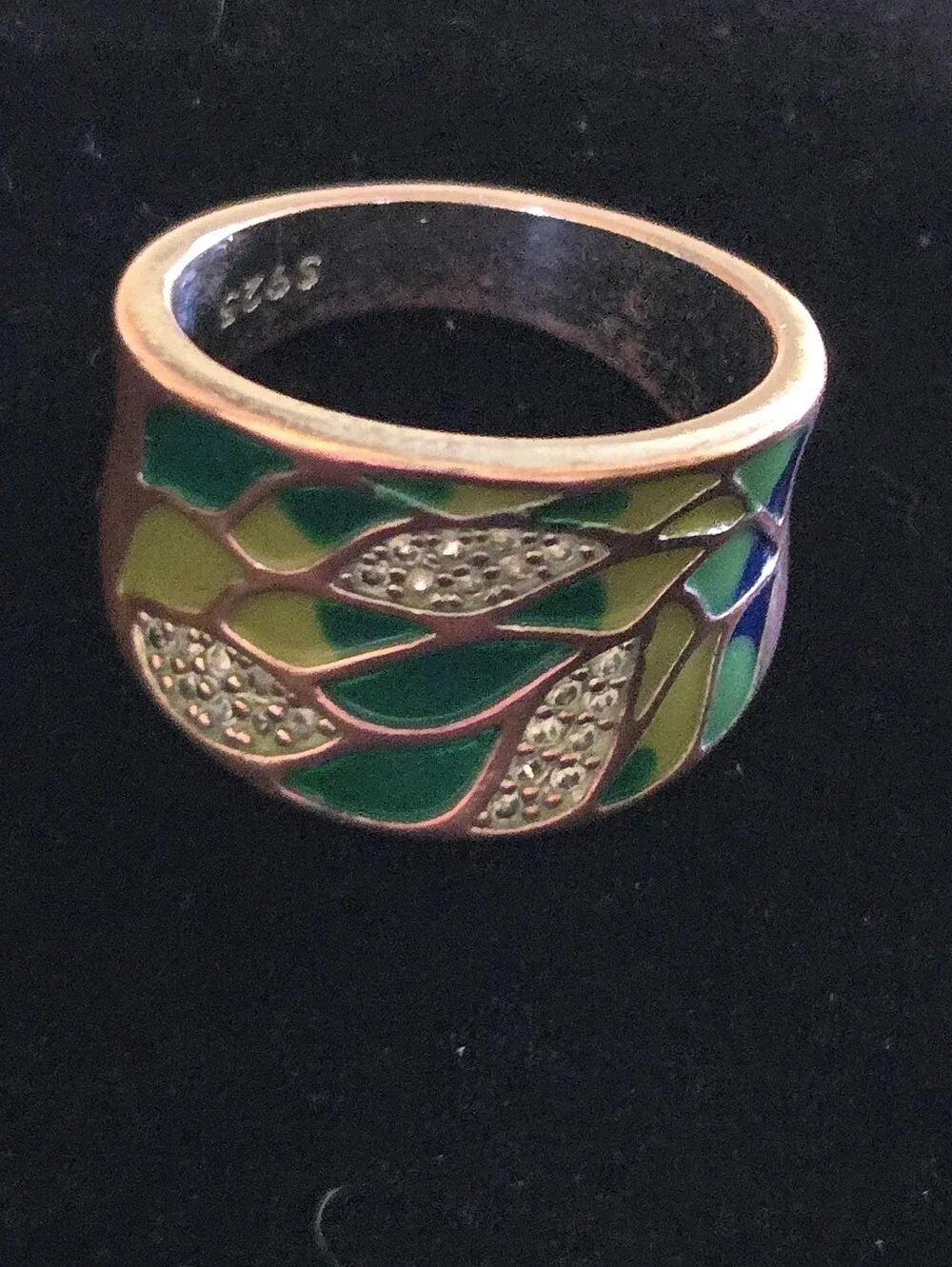 🌿 Bohemian 925 Sterling Silver Enamel Leaf Ring • Size 7